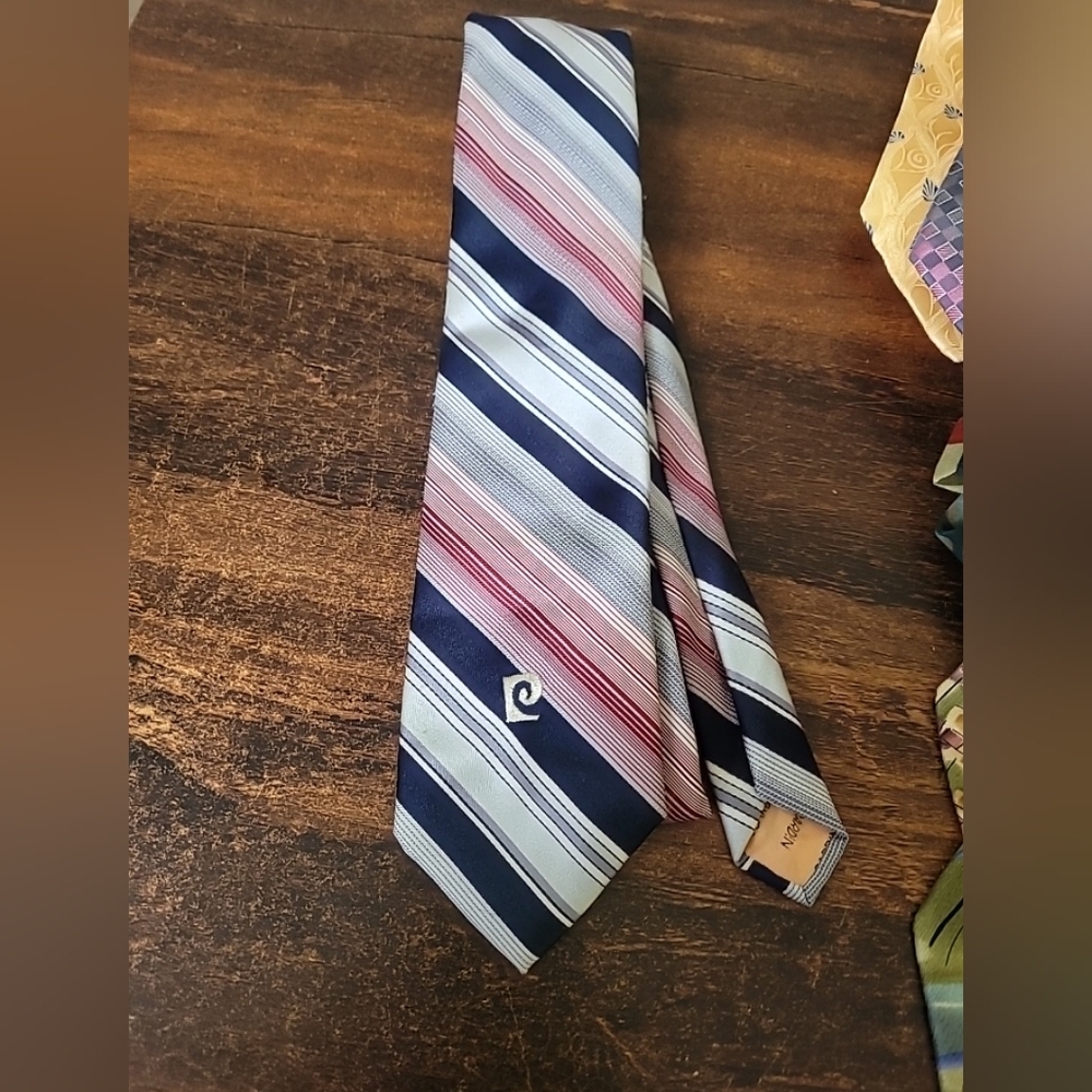 Vintage Pierre Cardin Mens Tie 56"  Logo Red, Blue White Striped Pattern